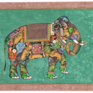 Indian Miniature Paining Of Composite Elephant Of Animals Art On Paper | Indian Style Rare Elephant Paintings | Vintage Animal Art Paintings