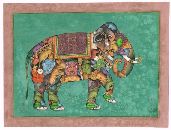 インドの伝統アート 象と騎士の絵 インドの細密画：紙に描かれた象の複合動物アート - Etsy 日本
