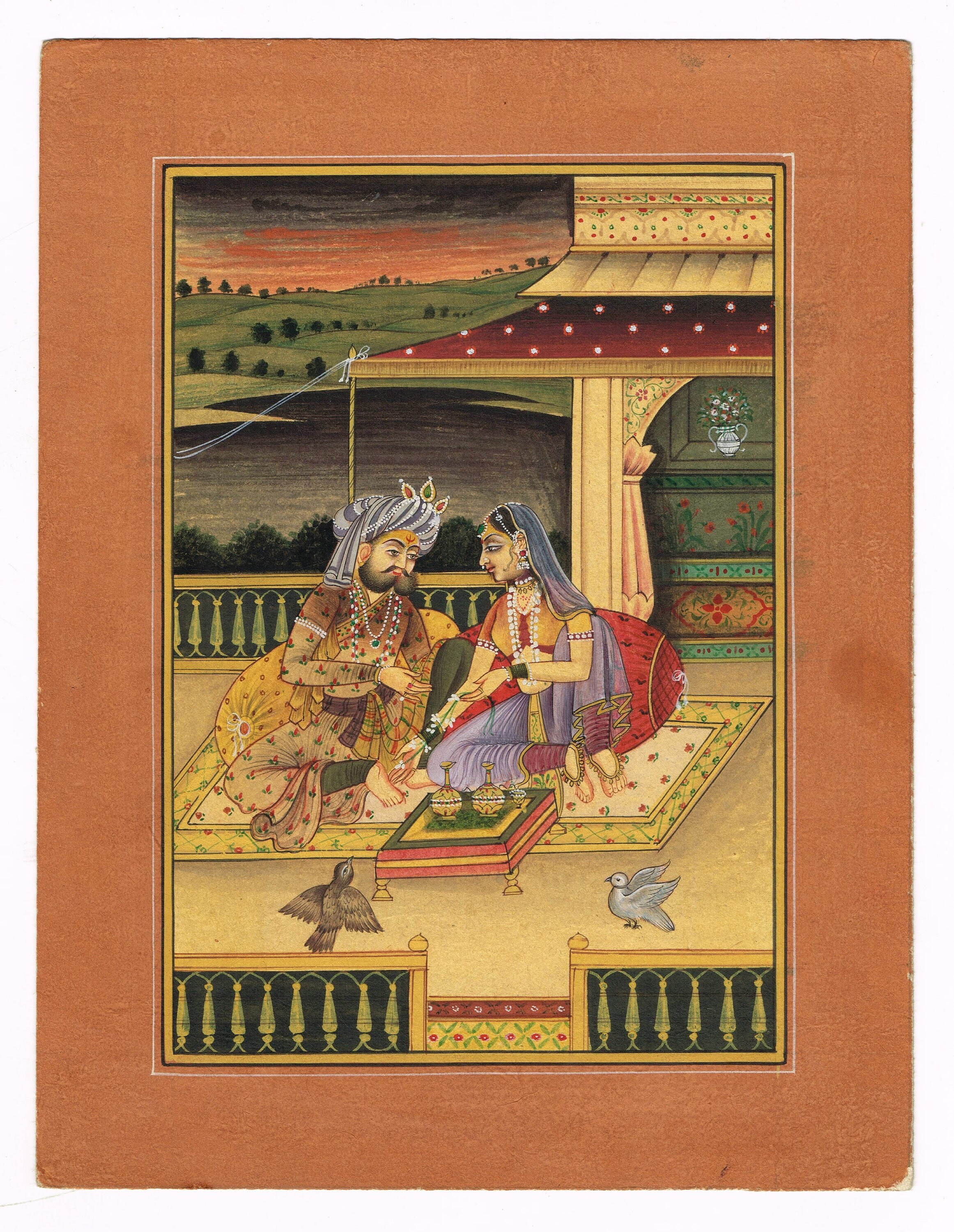 Mughal Miniature Painting Rajput King Queen Terrace Art Paper