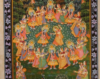 Krishna Leela Painting: Lord Krishna Dancing with Gopis on Silk