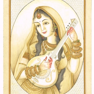 Handmade Rajasthani Miniature Painting: Indian Queen with Sitar, Gouache Art (6x8 Inches)