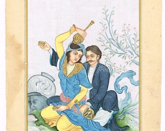 May include: A watercolor painting depicting a couple in a garden setting. The woman is wearing a blue and yellow dress and holding a golden cup. The man is wearing a blue and white robe and holding a golden flask. The painting is set against a background of a flowering tree and a stream.