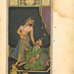 Indian Miniature Old Painting Of Mughal Emperor Shahjahan and Empress Mumtaz Mahal in Love Scene Art On Paper | Indian Vintage Art Paintings