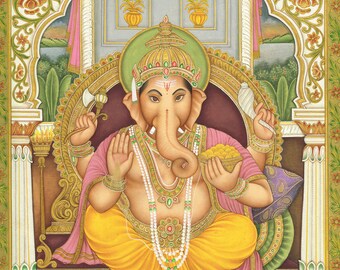 Lord Ganesha Painting Hand Miniature Work On Paper | Hindu Religious Art Painting | 13.5x17.5 Inches |  God Ganesha For Wall Decor Gift Art