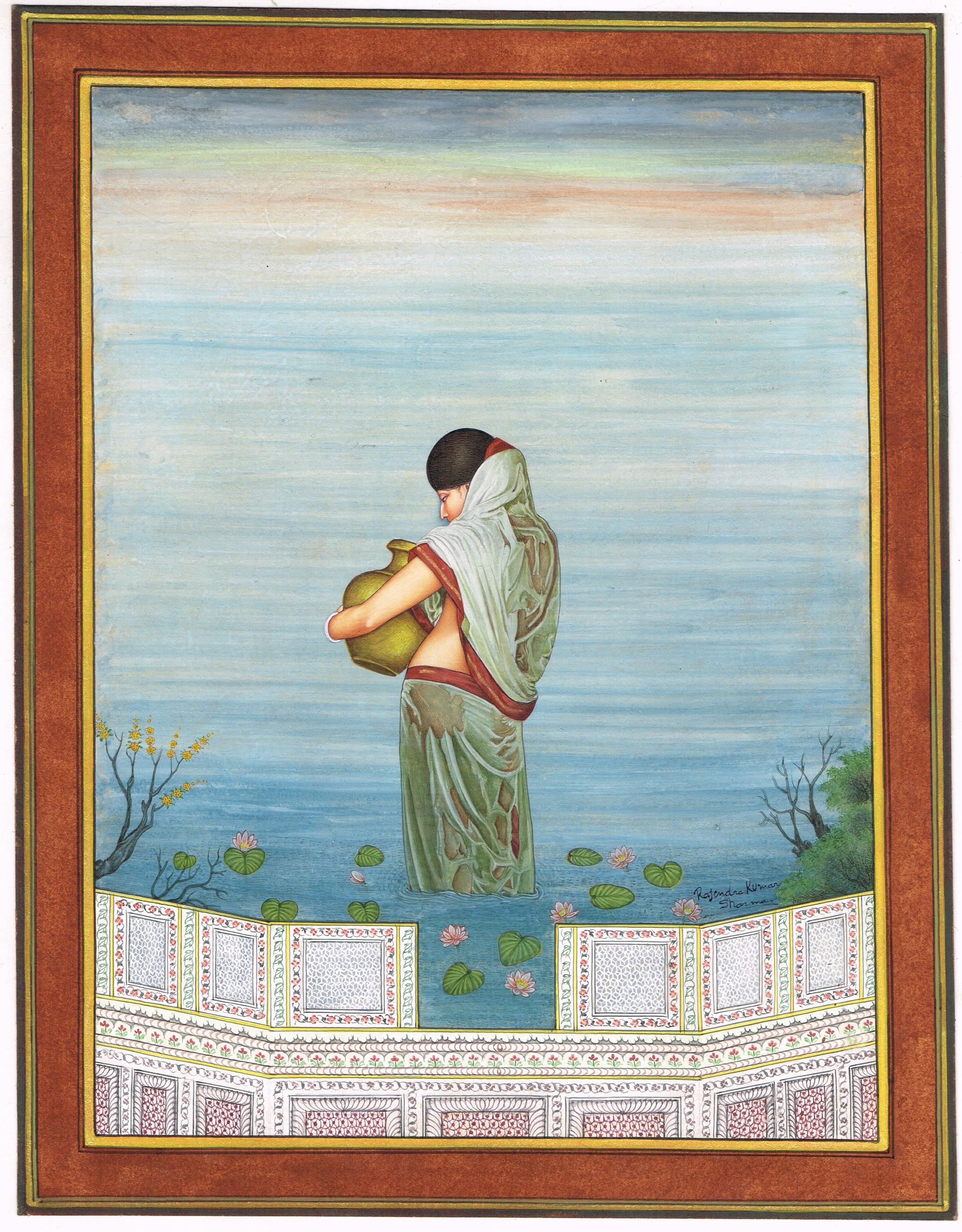 Handmade Indian Miniature Painting: Woman With Water Pot (10.5x13