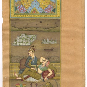 Mughal King & Queen Miniature Painting: Love Scene Art on Paper (6.5x11 Inches)