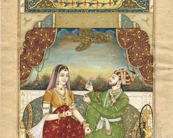 ムガル帝国皇帝シャー・ジャハーンの細密画：王宮美術（8.5x11インチ