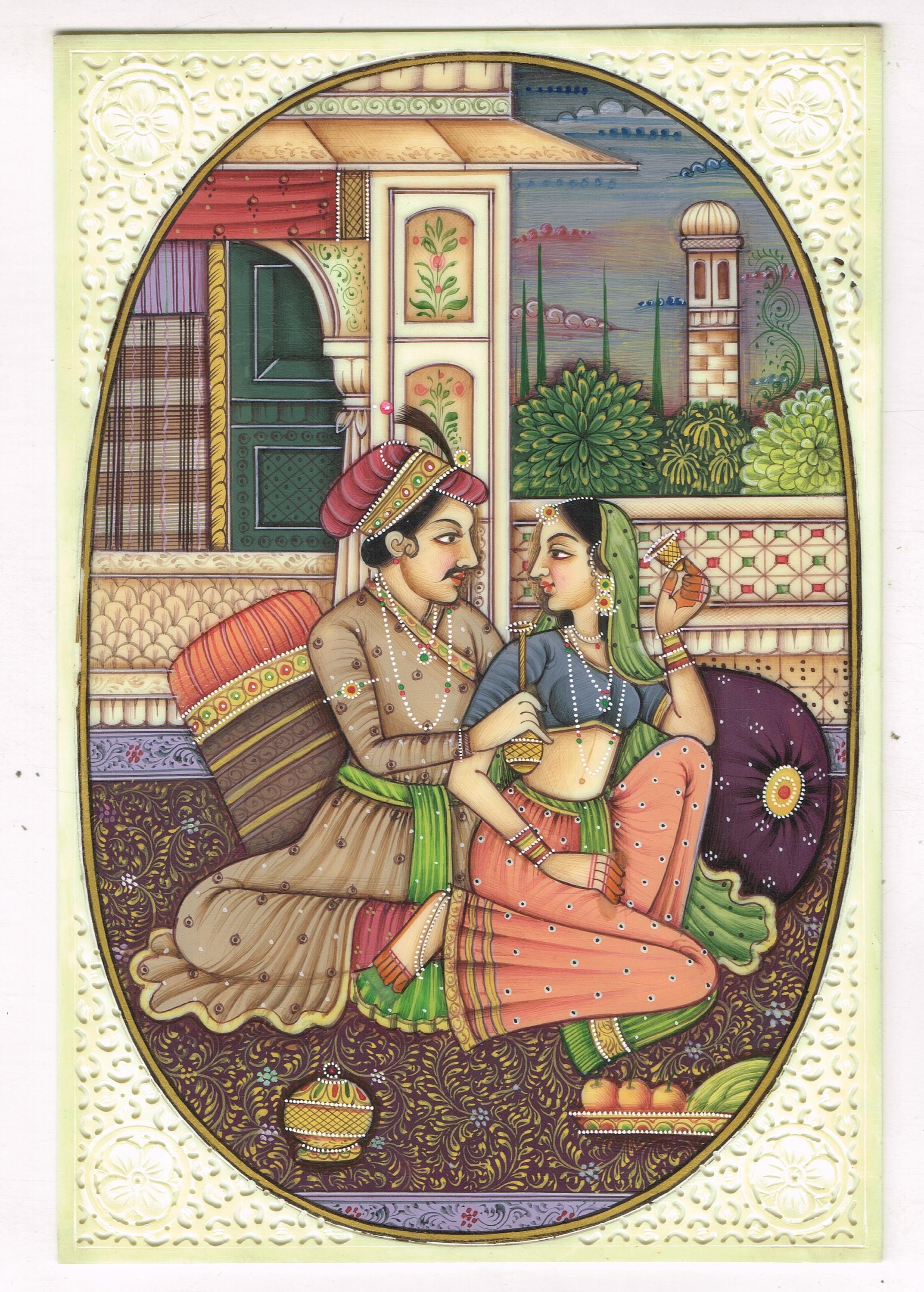 Handmade Indian King & Queen Gouache Painting: Love Scene Art (4x6