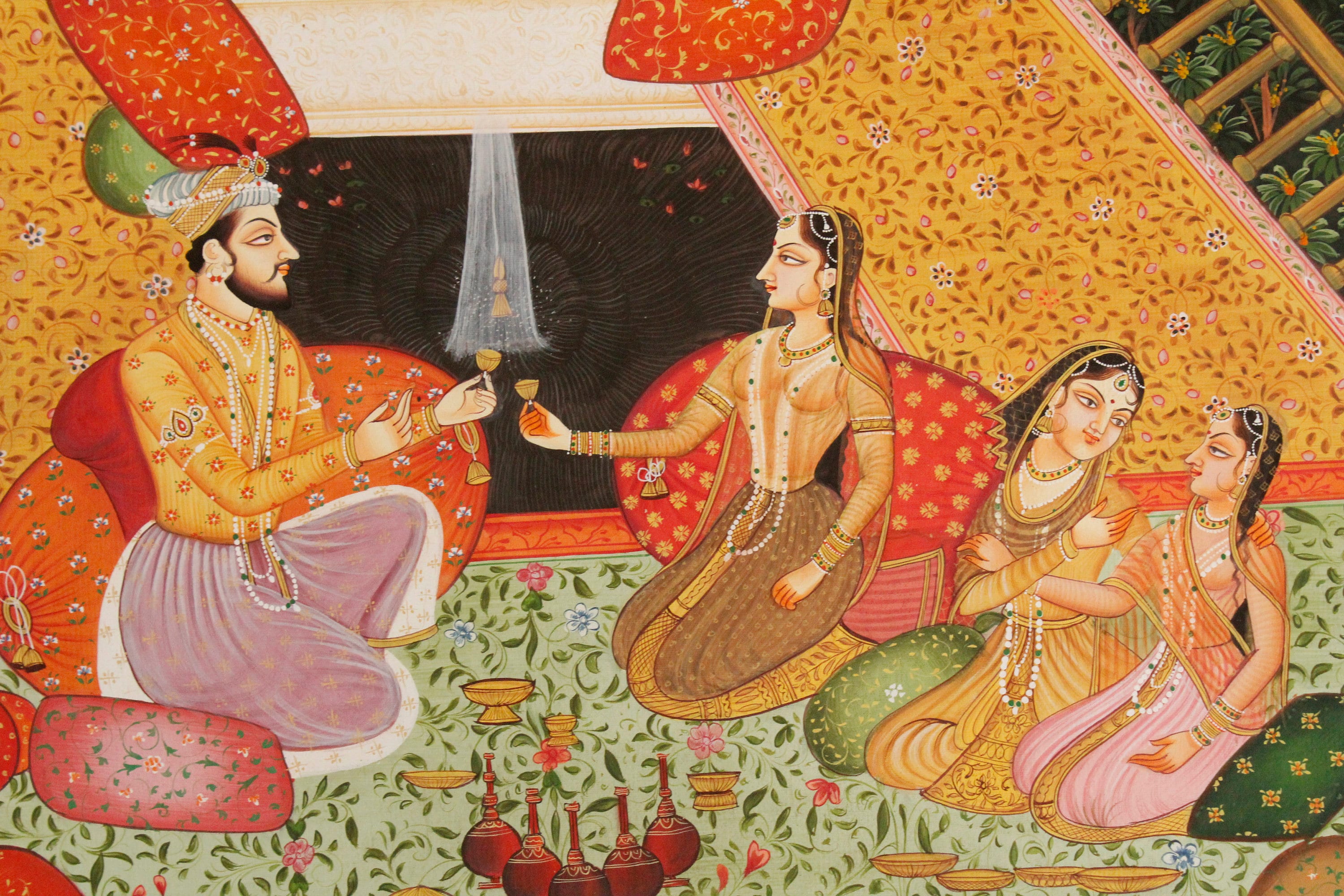 インドネシアジャワ島の絵画王様と王妃様 インドの細密画：王と王妃の愛の情景、メーワール・ハーレム・アート