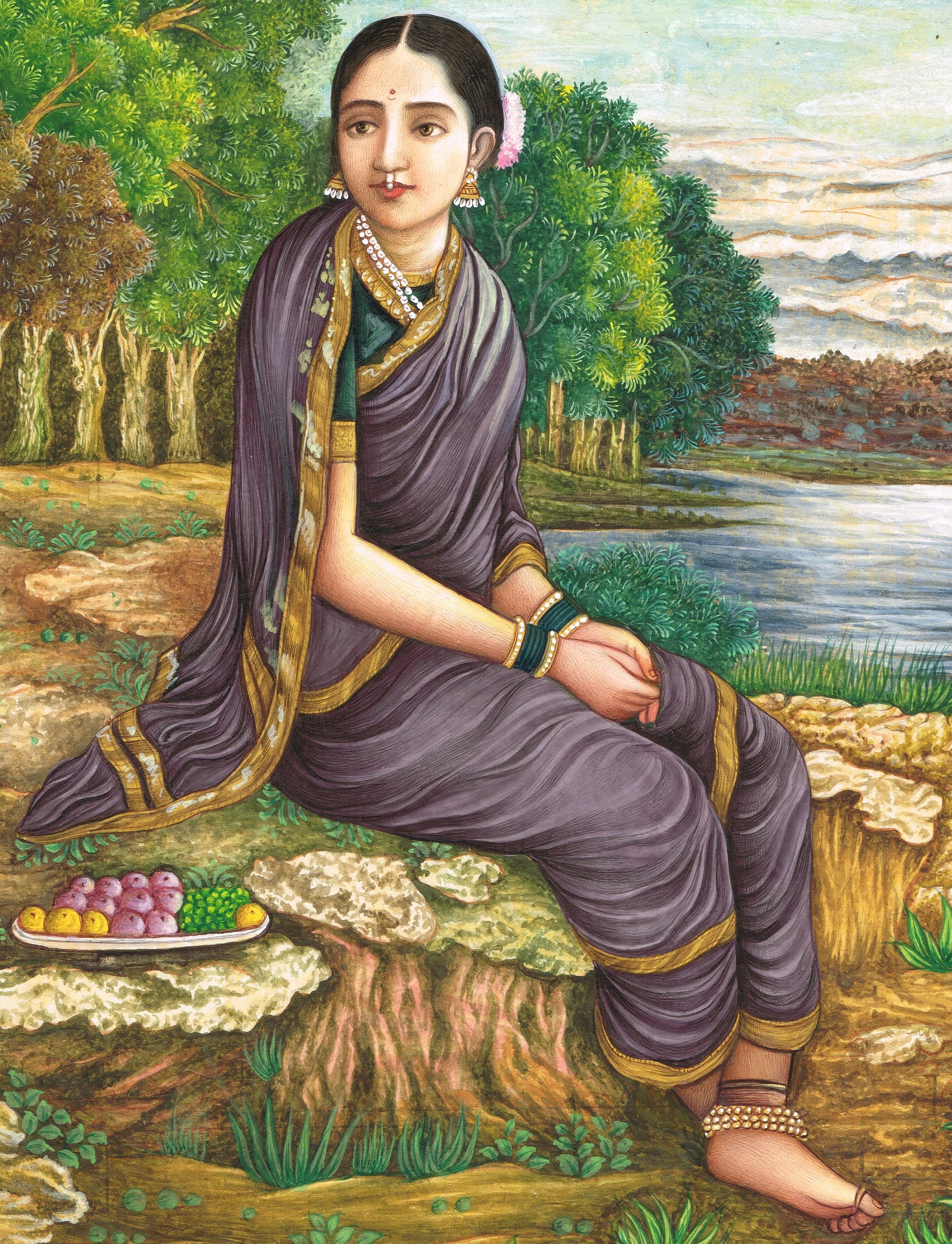 インド人女性のミニチュア絵画：紙に描かれたファインアート（10.5x13 