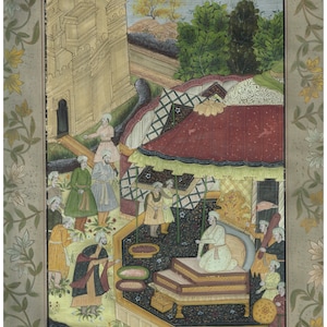 Handmade Persian Miniature Painting: Court Scene on Silk (16x21.5 Inches)