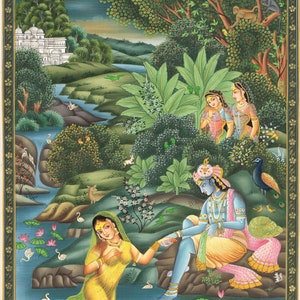Radha Krishna Miniature Painting Of Krishna Radha Love Scene Art Hindu Religious Art On Silk Cloth 11x15 Inches Krishna Art For Wall image 5