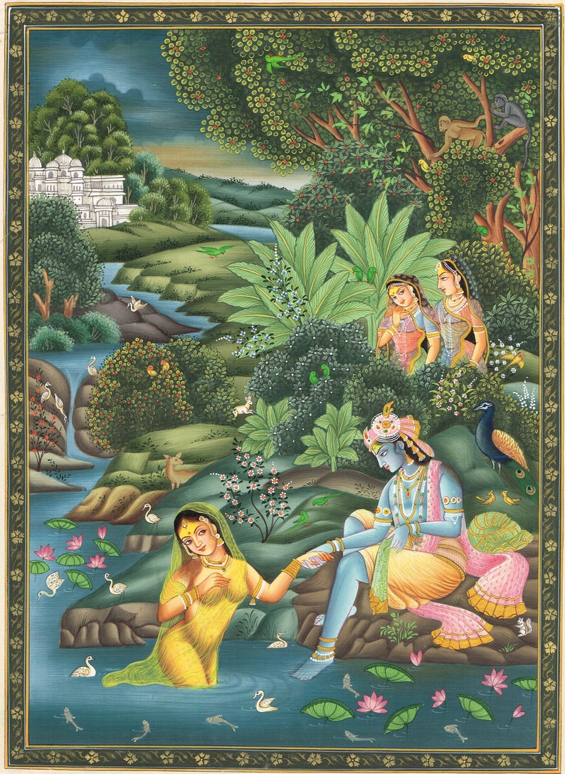 Radha Krishna Miniature Painting Of Krishna Radha Love Scene Art Hindu Religious Art On Silk Cloth 11x15 Inches Krishna Art For Wall image 5