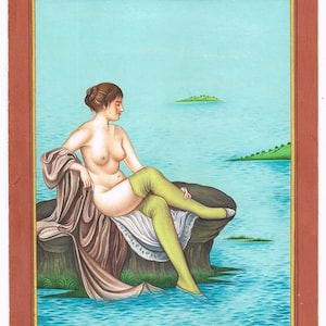 Handmade Women Painting Of Beautiful Naked Woman Sitting Near Lake Fine Art On Paper 7x10 Inches | Indian Lady Painting For Wall Hanging