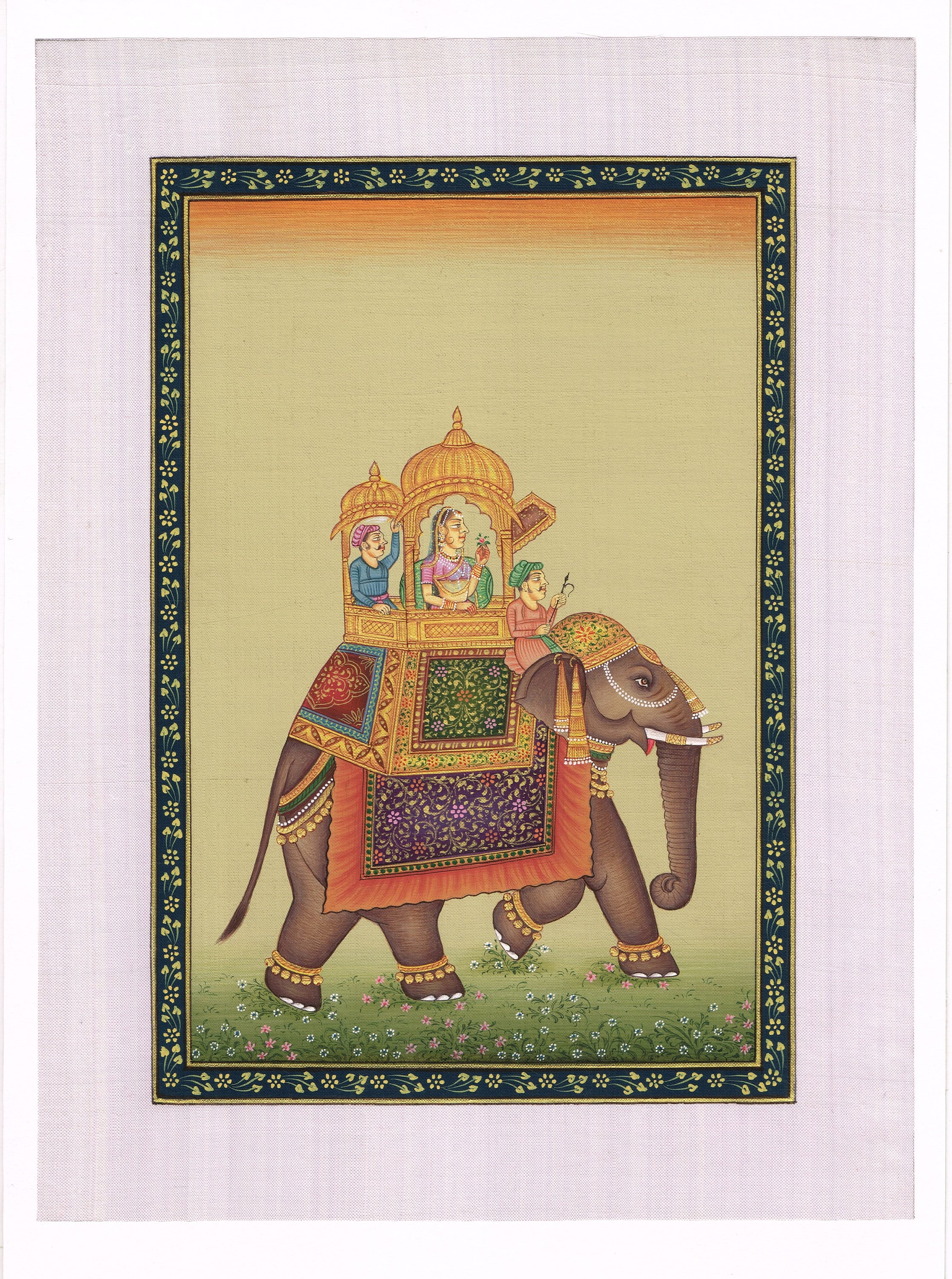 Indian miniatureアンティーク騎馬の王ムガル派 Empress Riding Elephant Miniature Painting: Mughal Art Wall Decor