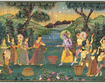 Indian Miniature Painting Of Lord Krishna Playing Holi With Radha And Gopis 17.5x13.5 Inches | Wall Decor Indian Love Scene Art | Wall Art