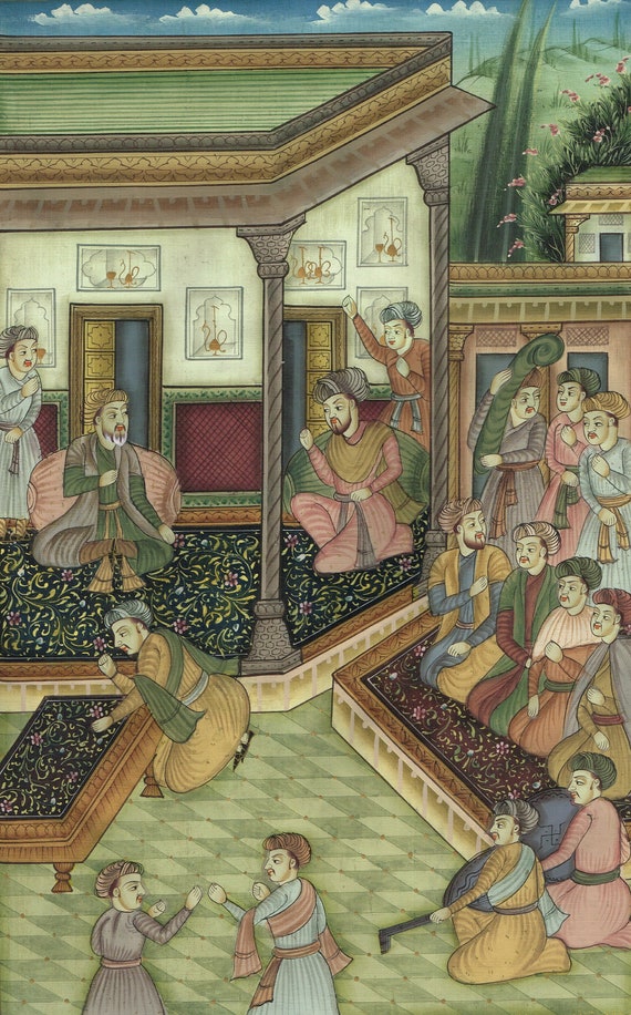 Handmade Persian Miniature Painting: Vintage Court Scene Art (15.5