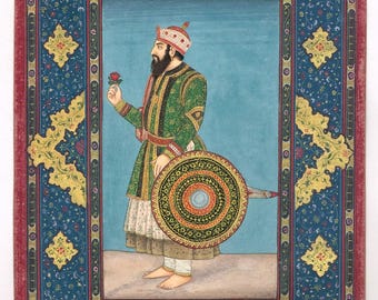 Sikh portrait Painting Of Maharaja Sher shah With Rose Shield And Sword (7X9.5")