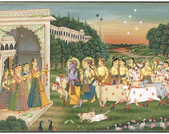 Krishna & Balarama Painting Of Hindu Religious Art On Cloth 17.5x13.5 inches | Krishna Radha Art Painting | Hindu Religion Art For Wall