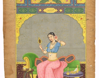 ヴィンテージのムガル帝国女王のミニチュア絵画：インド美術の壁装飾