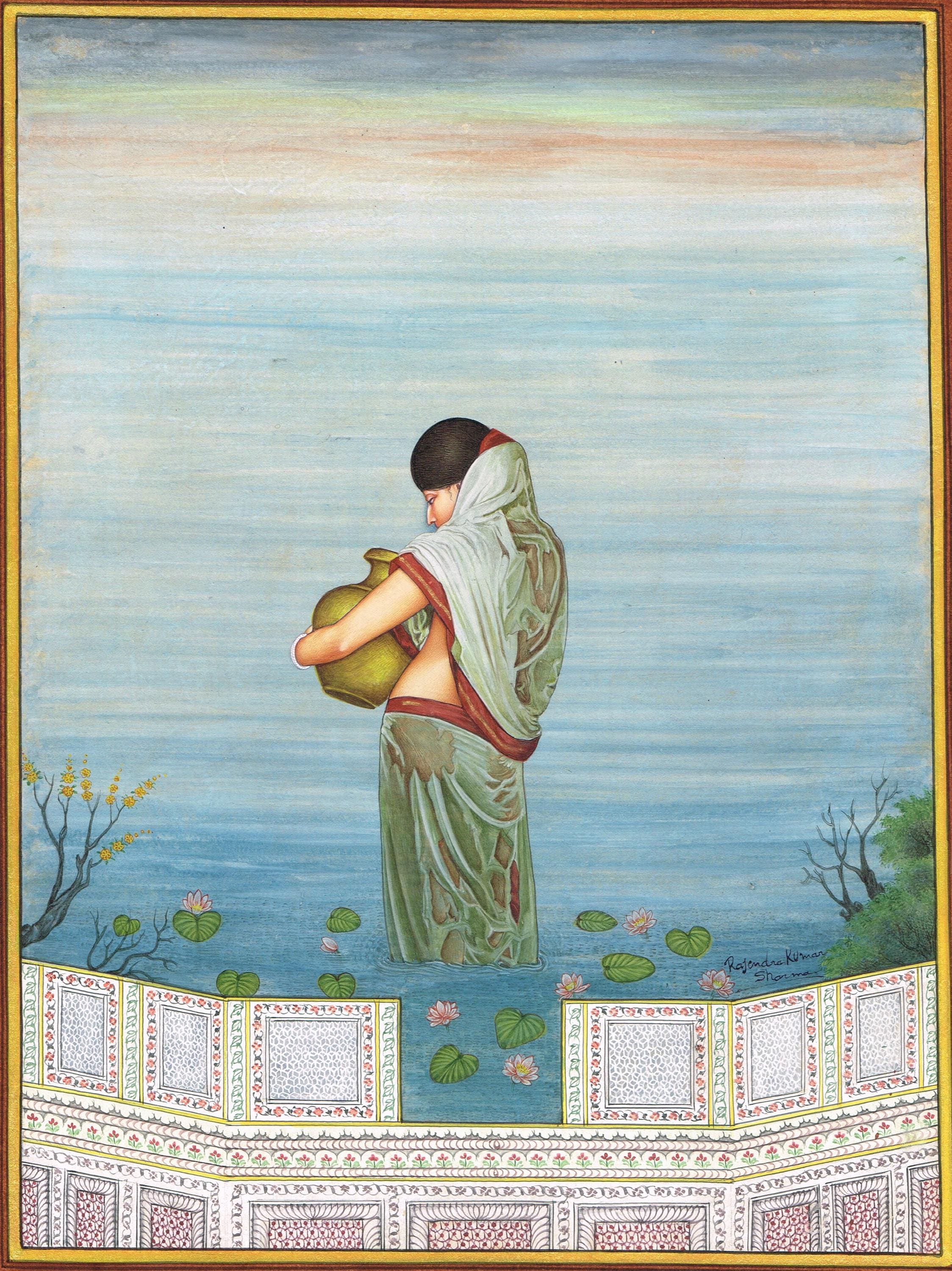 Handmade Indian Miniature Painting: Woman With Water Pot (10.5x13