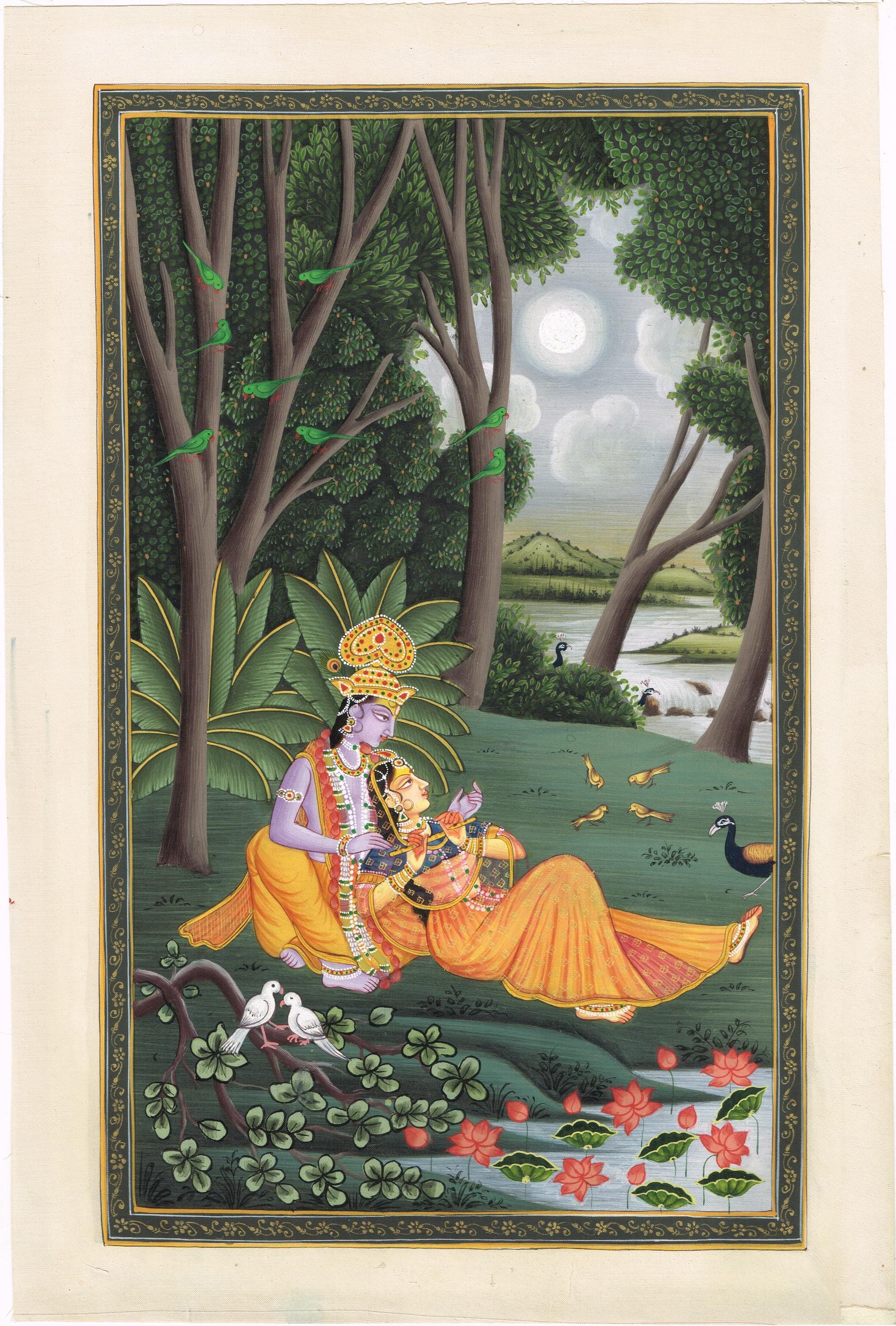 Radha Krishna Painting: Indian Silk Art, Love Scene Wall Decor (8x12 Inch)