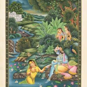 Radha Krishna Miniature Painting Of Krishna Radha Love Scene Art Hindu Religious Art On Silk Cloth 11x15 Inches Krishna Art For Wall image 1