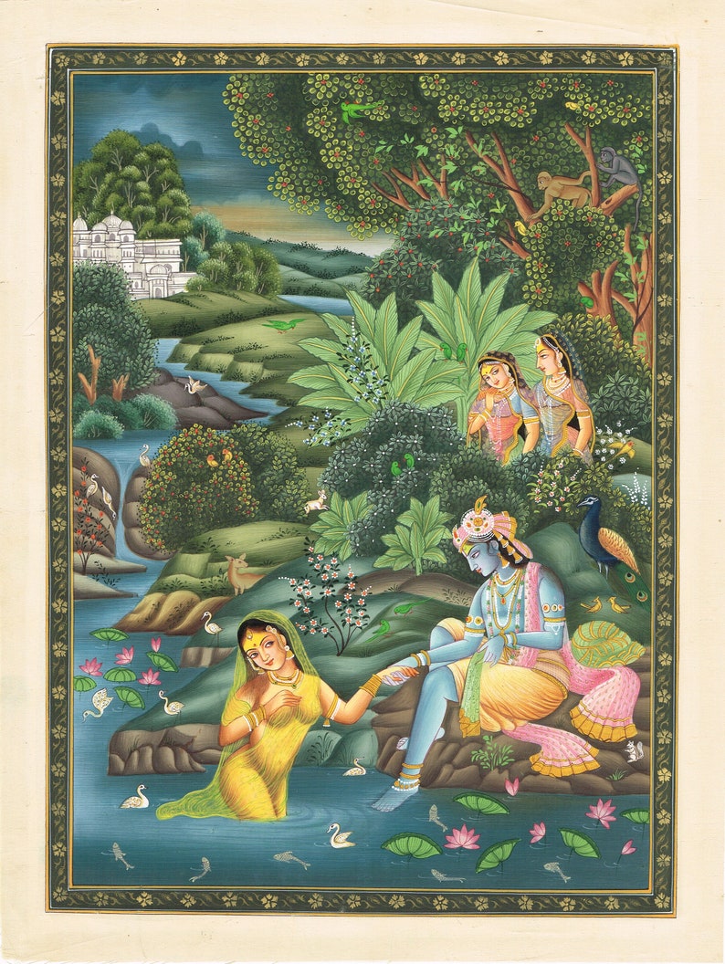 Radha Krishna Miniature Painting Of Krishna Radha Love Scene Art Hindu Religious Art On Silk Cloth 11x15 Inches Krishna Art For Wall image 1