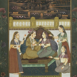 Indian Miniature Painting Of King And Queen Love Scene Art On Silk Cloth 16x22 inches | Indian Vintage Love Art Paintings For Wall Hanging