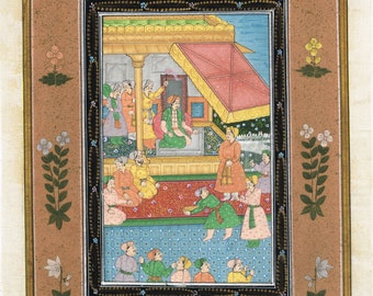 Handgemaakte Mughal Court-schilderij op zijde: Indiase miniatuurkunst