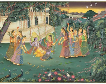 Radha Krishna Swinging Art Painting Handmade Finest Miniature Art On Silk Cloth | 17.5x13.5 Inches | God Krishna Radha Folk Art For Wall
