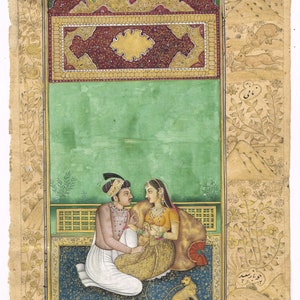 Mughal Emperor & Empress Miniature Painting: Handmade Love Scene Art (6x10 Inches)