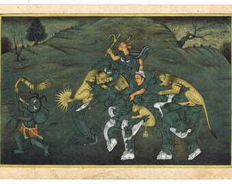 Vintage Indian Miniature Painting | Demon Riding Assembled Elephant Art
