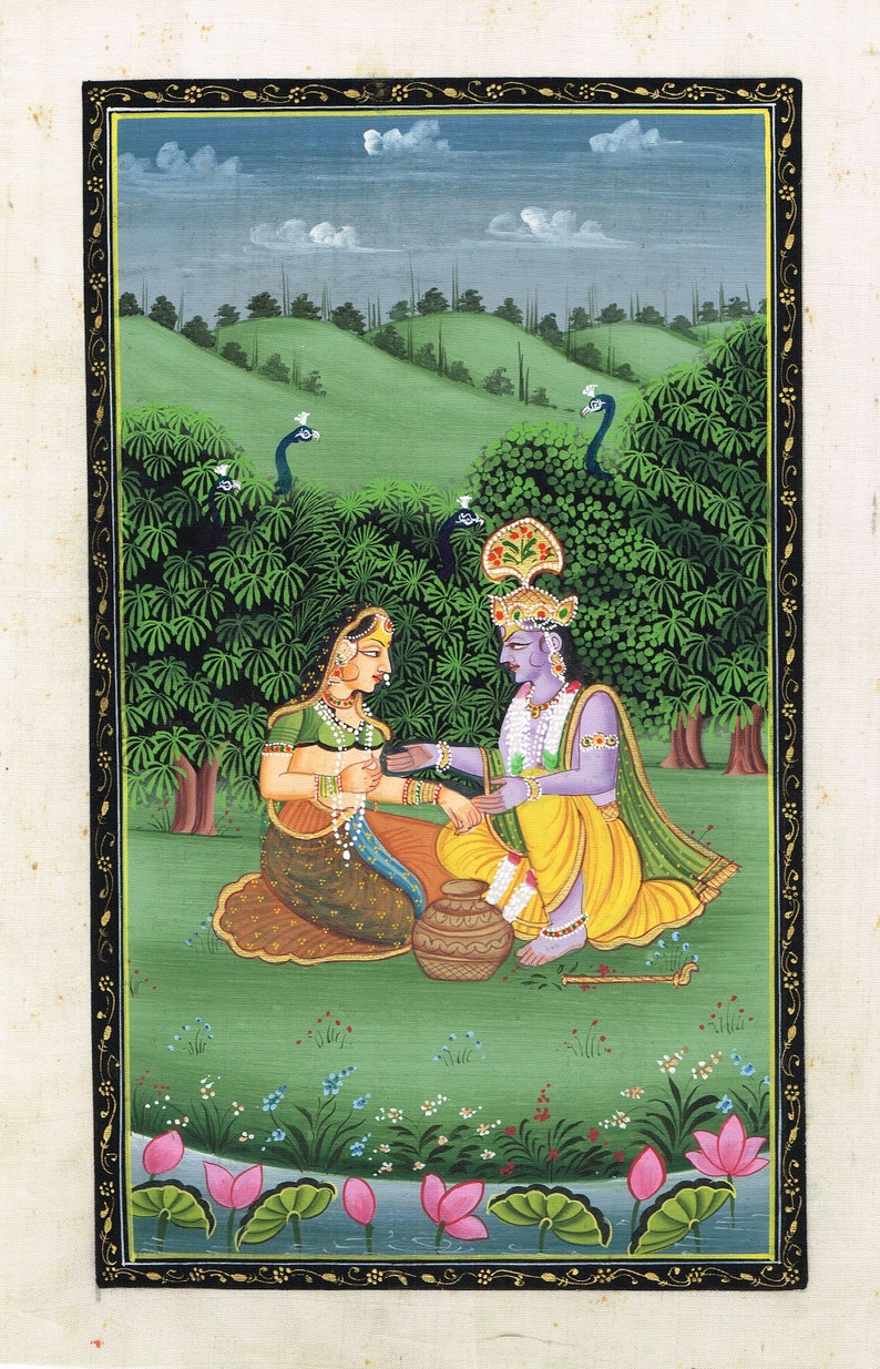 God And Goddess Krishna Radha Art Painting On Silk Cloth Hindu Religious Artwork 7x11 Inches Indian Ethnic Art Paintings For Wall Decor image 2