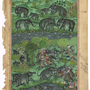 Indische Vintage Elefantenmalerei: Herden- und Kampfszene, Steinfarben