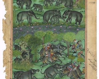 Vintage Indian Elephant Painting: Herd & Fight Scene, Stone Colors