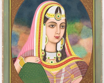 Handgemaakt portret Mughal-koningin: Dilras Banu-miniatuurschilderij (10 x 13 inch)