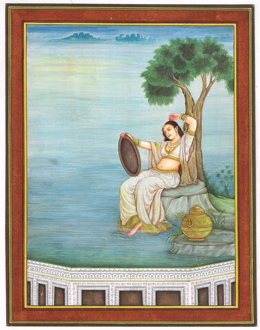 Miniature Indian Art Painting: Woman Under Tree With Mirror, Real