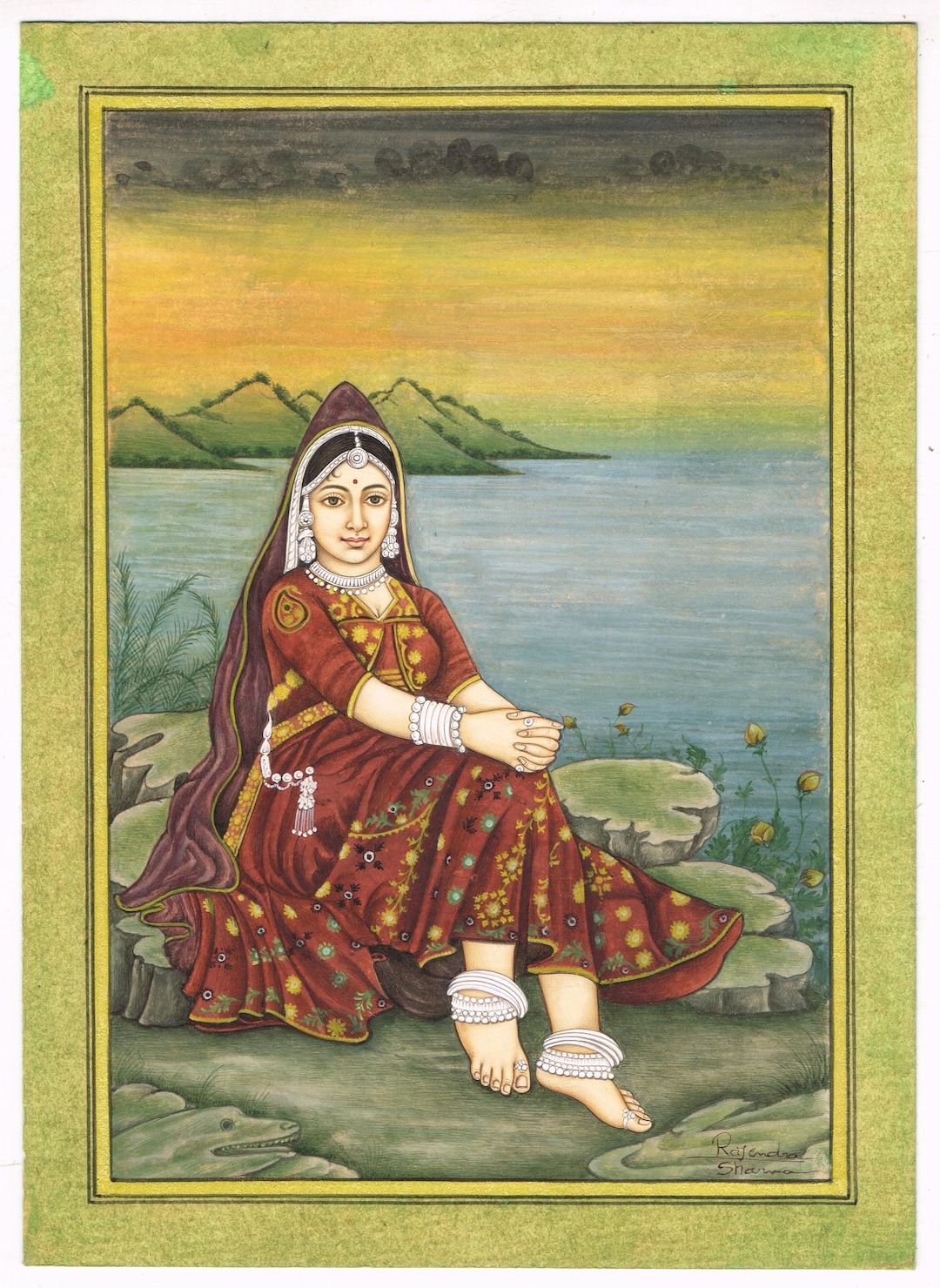 手作りのカシミール女性のミニチュア絵画：インドのグアッシュアート
