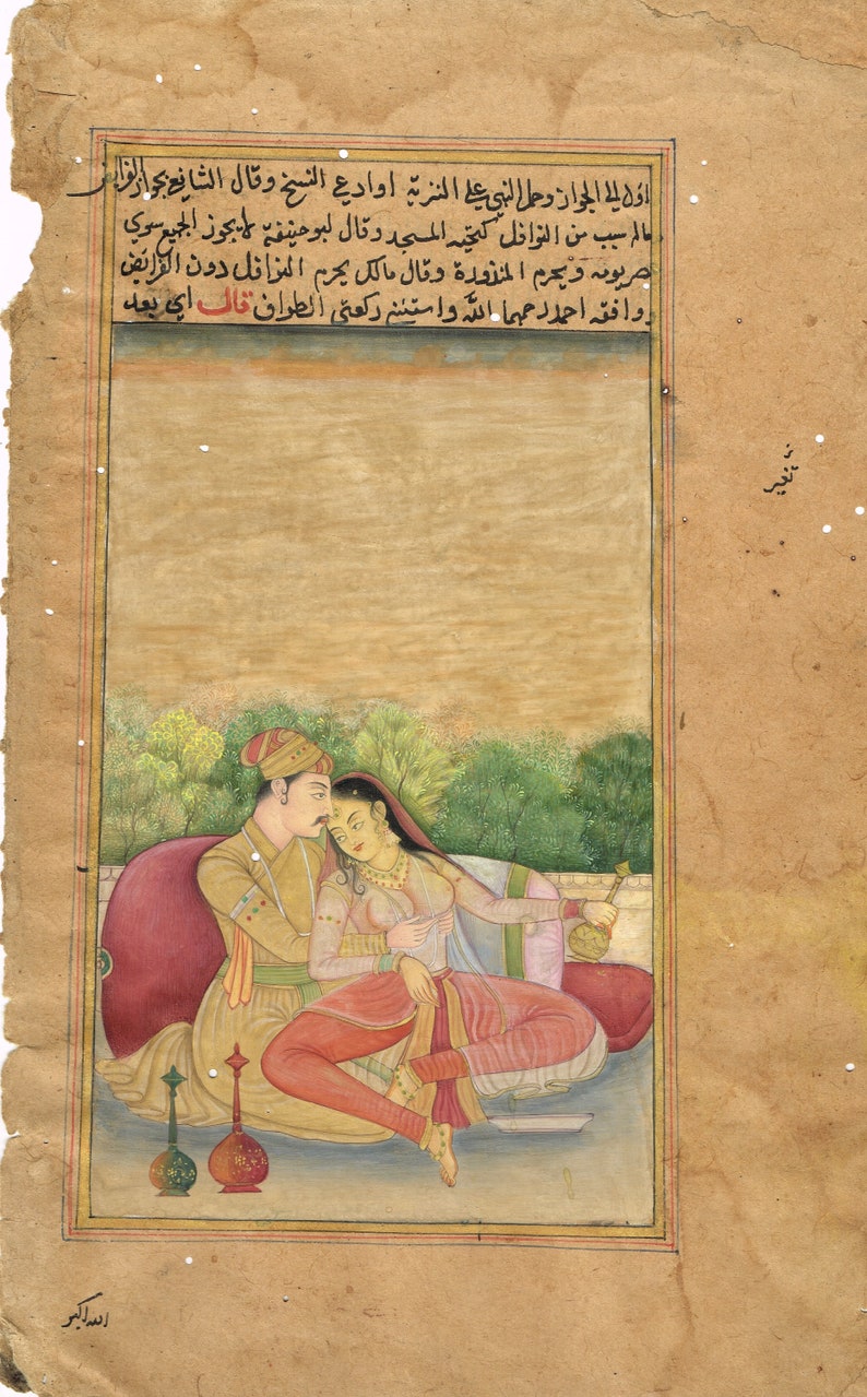 Indian Miniature Painting of Mughal Emperor and Empress in Love Scene