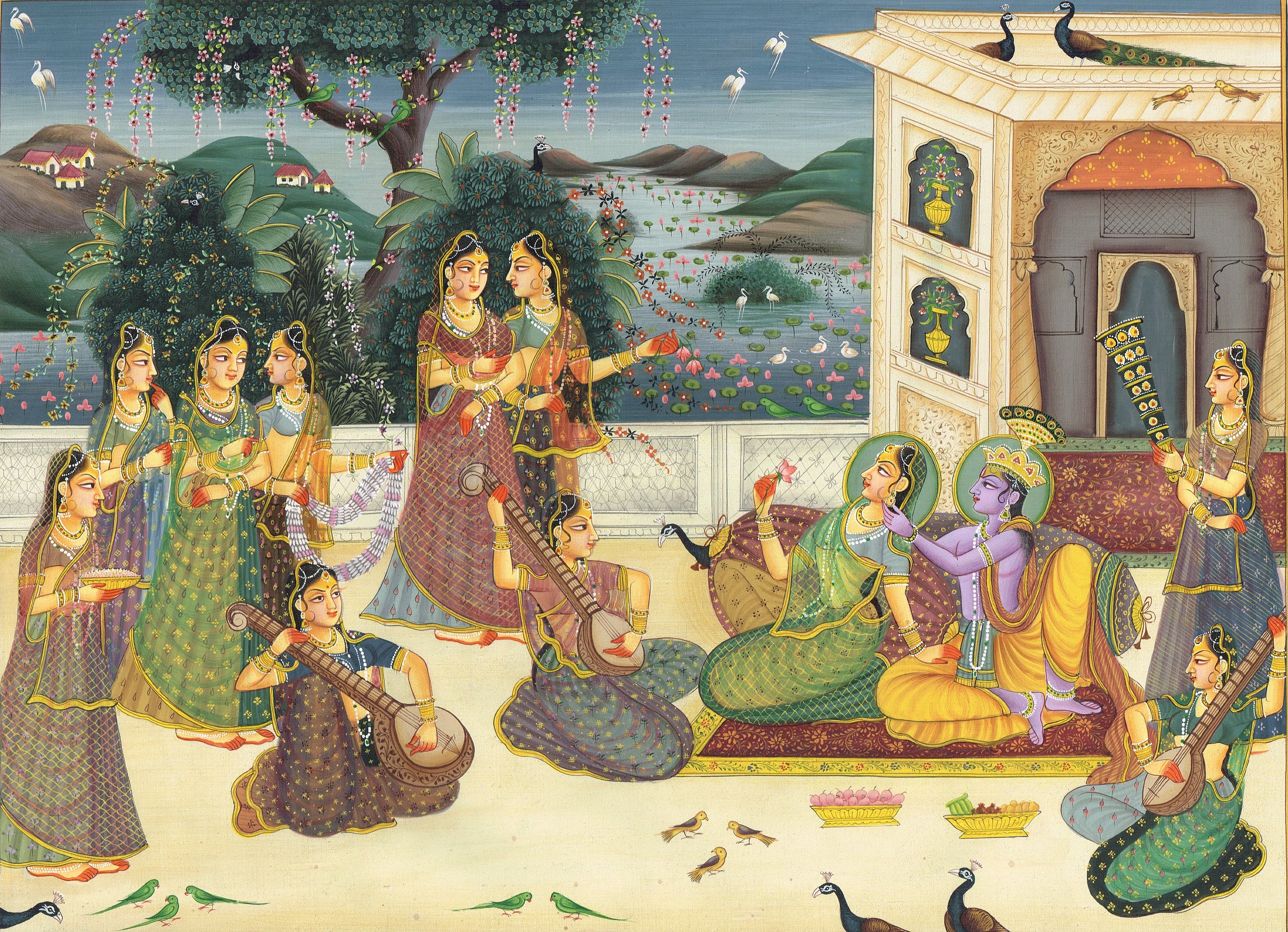 Handmade Hindu Religious Painting Of Radha Krishna Indian Folk Art On