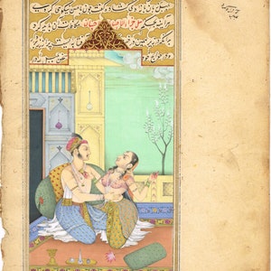 Dipinto in miniatura indiano fatto a mano raffigurante l'imperatore Mughal con l'imperatrice in una scena d'amore su una terrazza, 7x10 pollici / dipinto indiano a guazzo