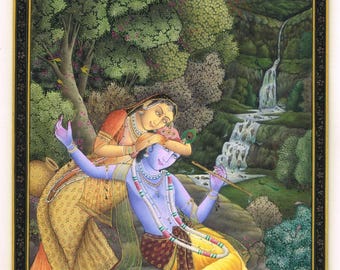 Handmade Radha Krishna Painting: Hindu God Art on Plate (5x8 Inches)
