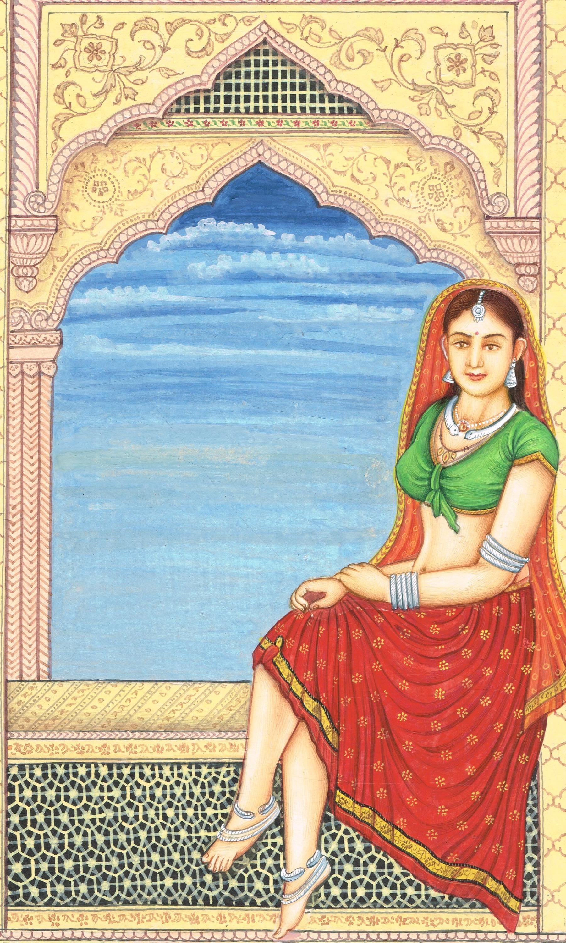 Handmade Indian Miniature Painting: Woman at Window With Gold Ink