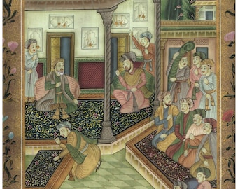 Handmade Persian Miniature Painting: Vintage Court Scene Art (15.5x21.5 Inches)