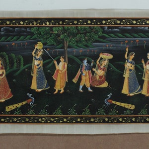 Radha Krishna Painting Lord Krishna Playing With Radha Fine Art On Cloth 29x14&quot; | Krishna Love Art For Wall | Hindu Religious Art Painting