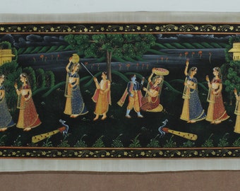 Radha Krishna Painting Lord Krishna Playing With Radha Fine Art On Cloth 29x14" | Krishna Love Art For Wall | Hindu Religious Art Painting