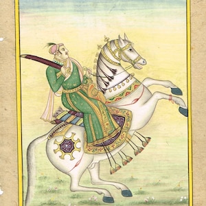Mughal Miniature Painting Of Mughal Emperor On Horse With Sword 5.25x7.5 Inches | Handmade Vintage Mughal Art Paintings For Wall Decor Gift