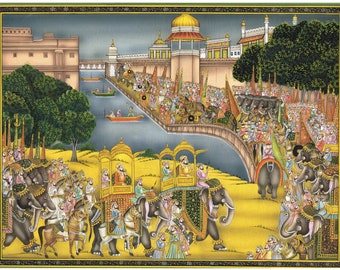 Rajasthani Miniature Painting Of Udaipur King Procession Art View Of Lake Palace On Cloth 18x14 Inches | Home Decor Procession Art Painting