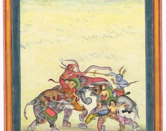 Handmade Indian Miniature Painting: Composite Elephant Fighting Art